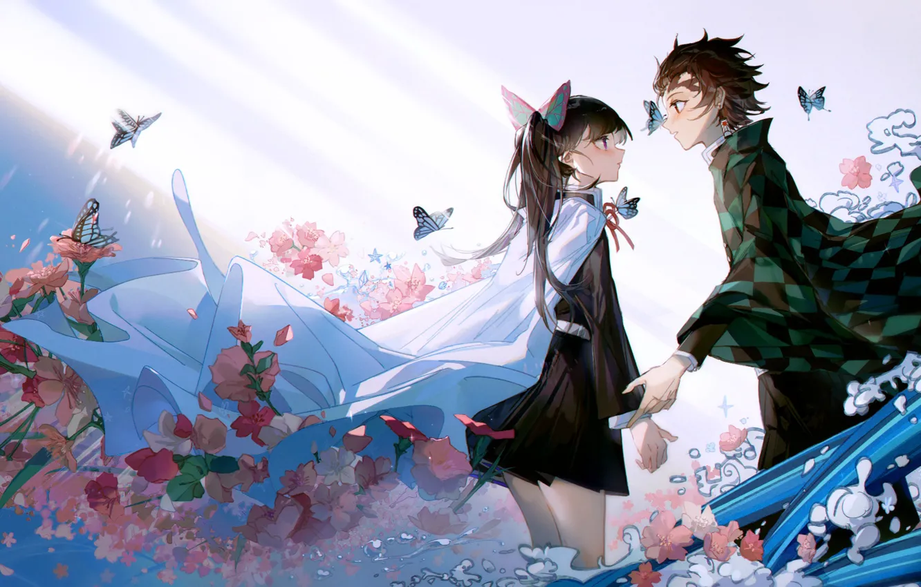 Фото обои девушка, цветы, романтика, пара, парень, двое, Клинок Рассекающий Демонов, Kanao Tsuyuri