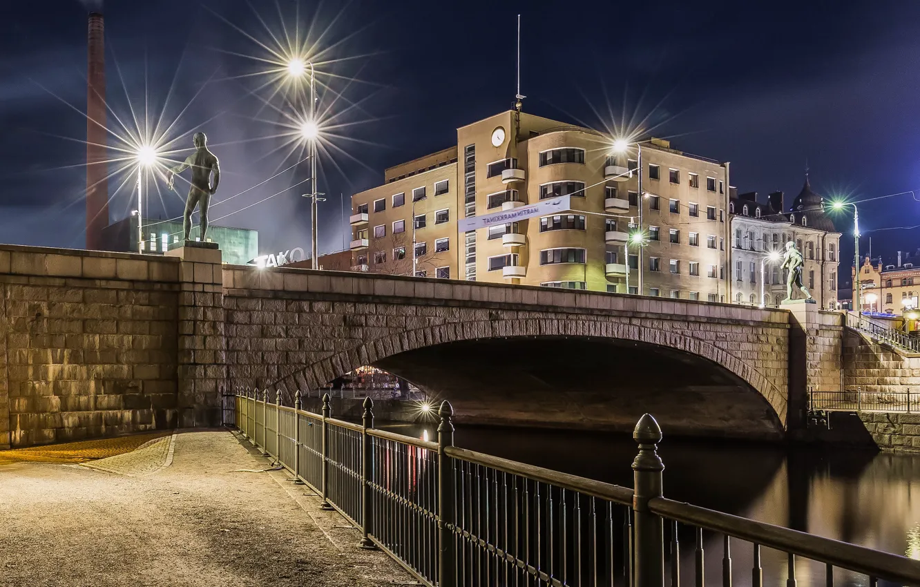 Фото обои ночь, мост, огни, Финляндия, Тампере, Tampere, Häme Bridge