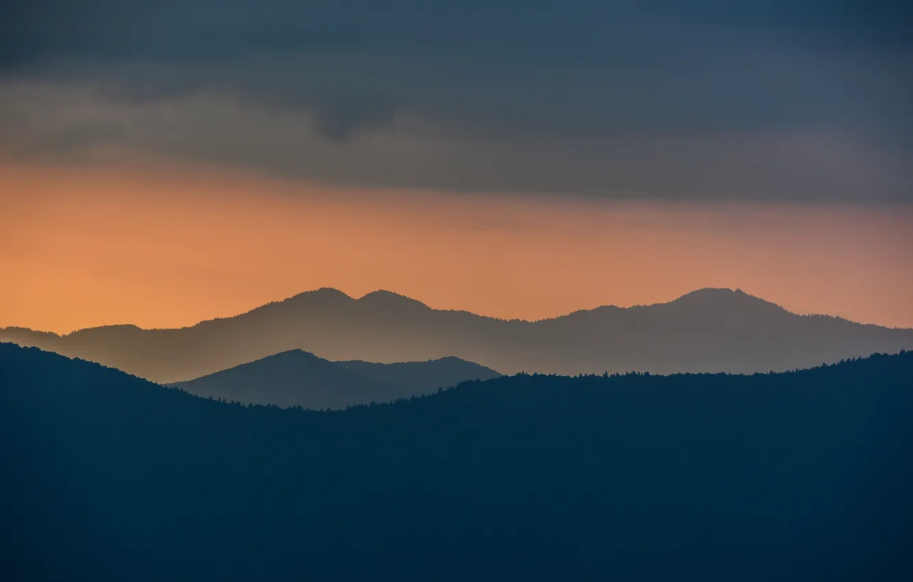 Фото обои twilight, sunset, hills, dusk, cloudy, silhouettes