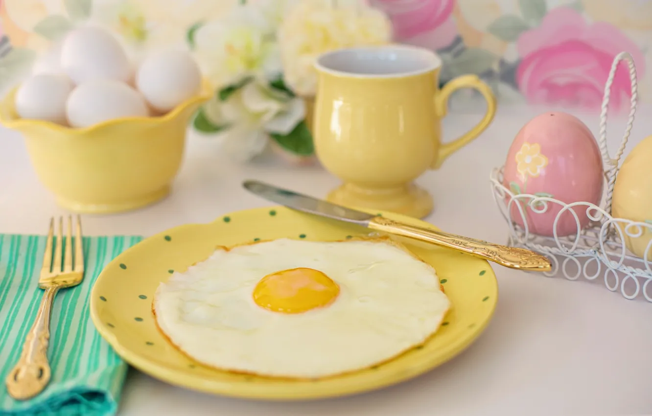 Фото обои завтрак, тарелка, нож, чашка, вилка, яичница