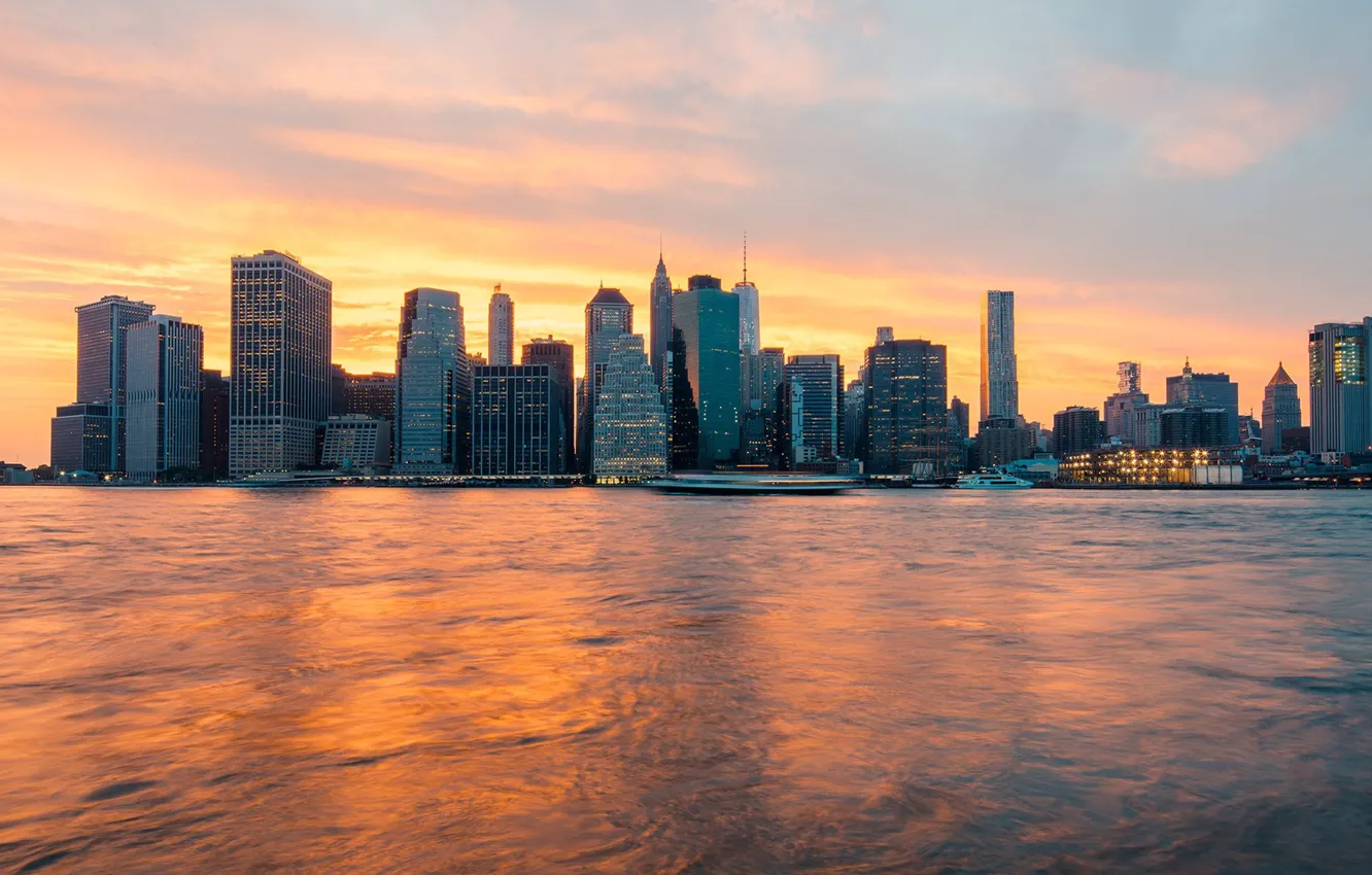 Фото обои city, USA, river, skyline, sky, sunset, cloud, New York