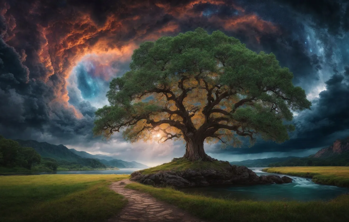 Фото обои sky, clouds, tree, evening, painting