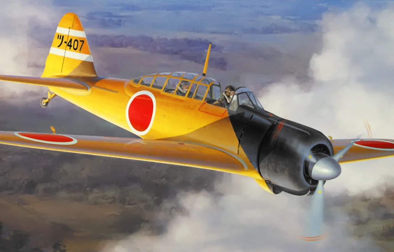 Фото обои war, art, painting, aviation, Tsukuba Flying Group, A6m2-K zero fighter