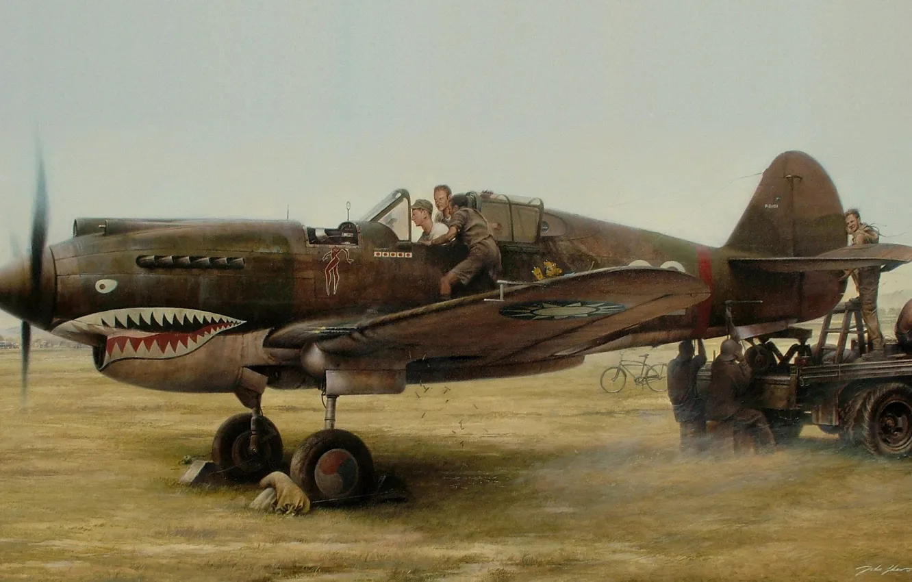 Фото обои рисунок, арт, ремонт, аэродром, WW2, летучка, Кёртисс Р-40, американский истребитель