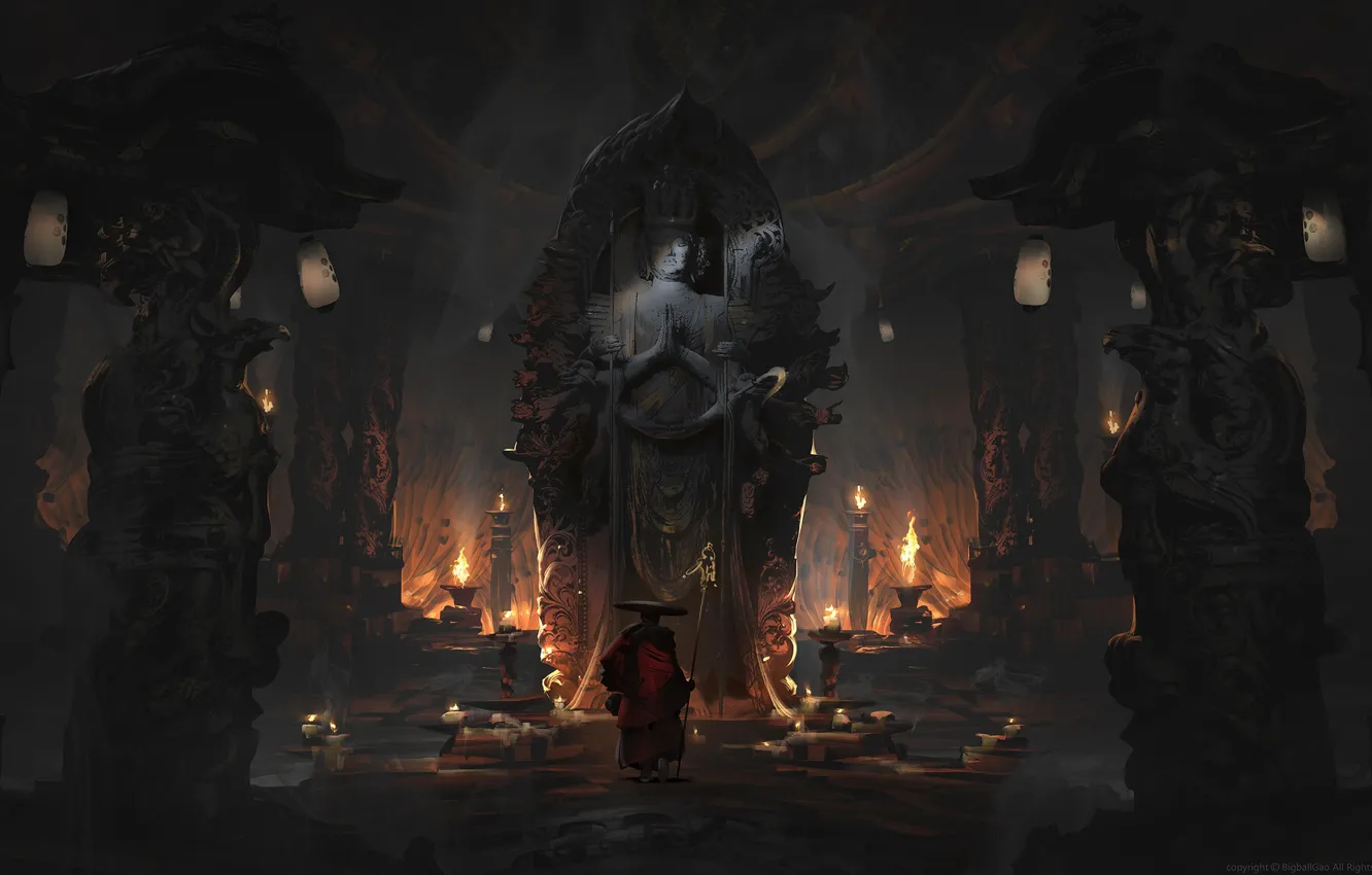 Фото обои огонь, сумрак, свечи, фонари, монах, колонны, посох, пещера
