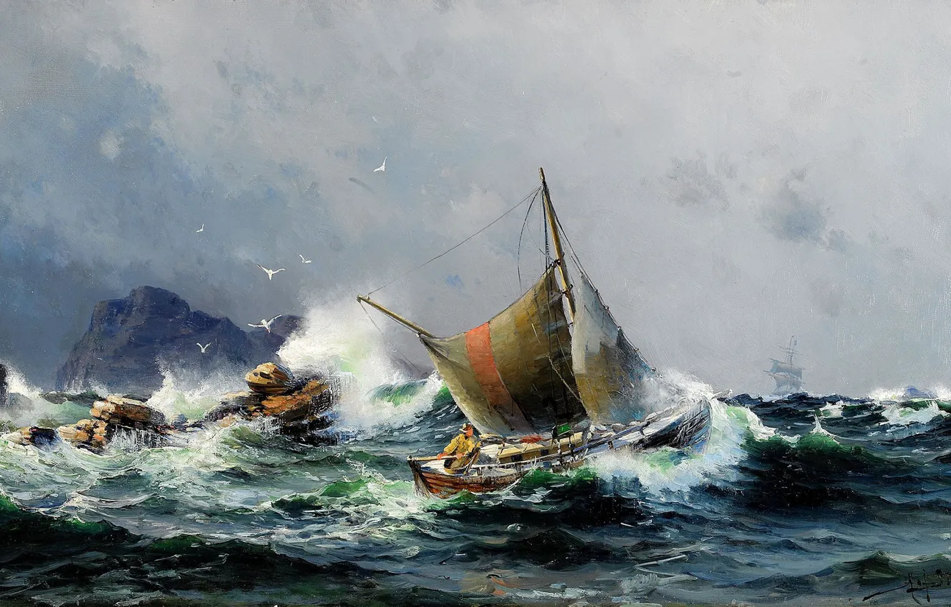 Фото обои камни, чайки, моряк, Herman Gustav Sillen, Море и корабли, волный