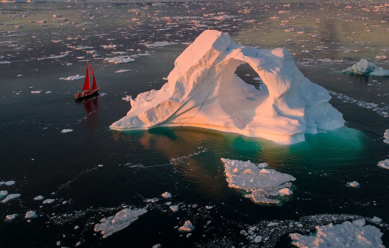 Фото обои море, океан, лодка, корабль, лёд, яхта, айсберг, льдины
