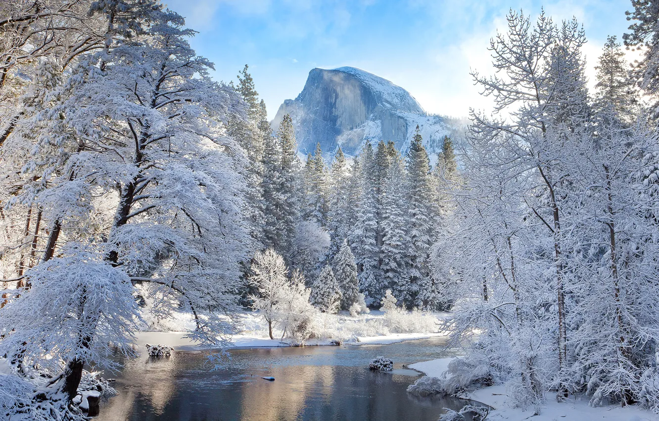 Фото обои зима, небо, снег, деревья, горы, река