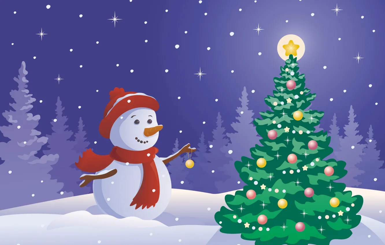 Фото обои звезды, украшения, игрушки, елка, Новый Год, снеговик