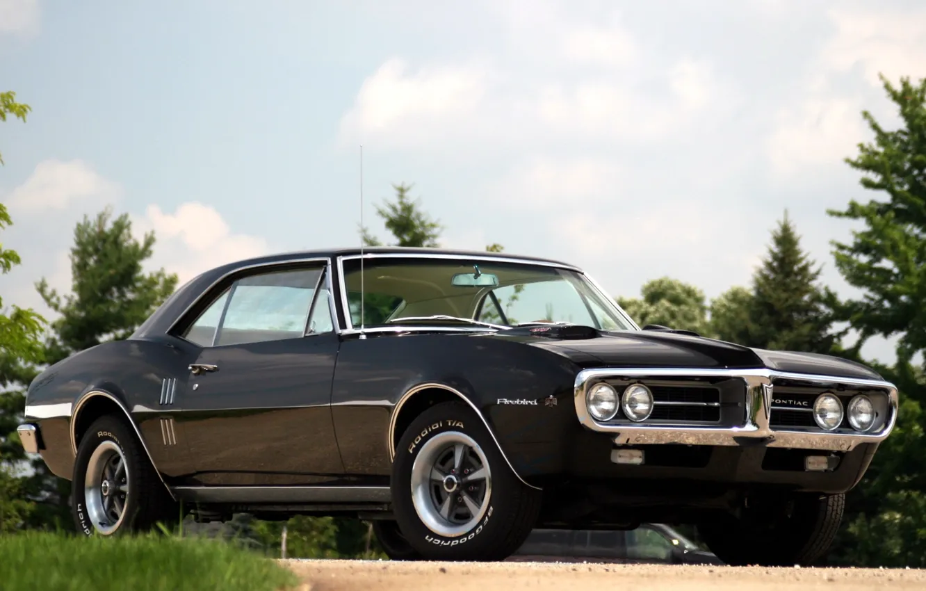 Фото обои небо, фон, чёрный, купе, Pontiac, Понтиак, 1967, передок