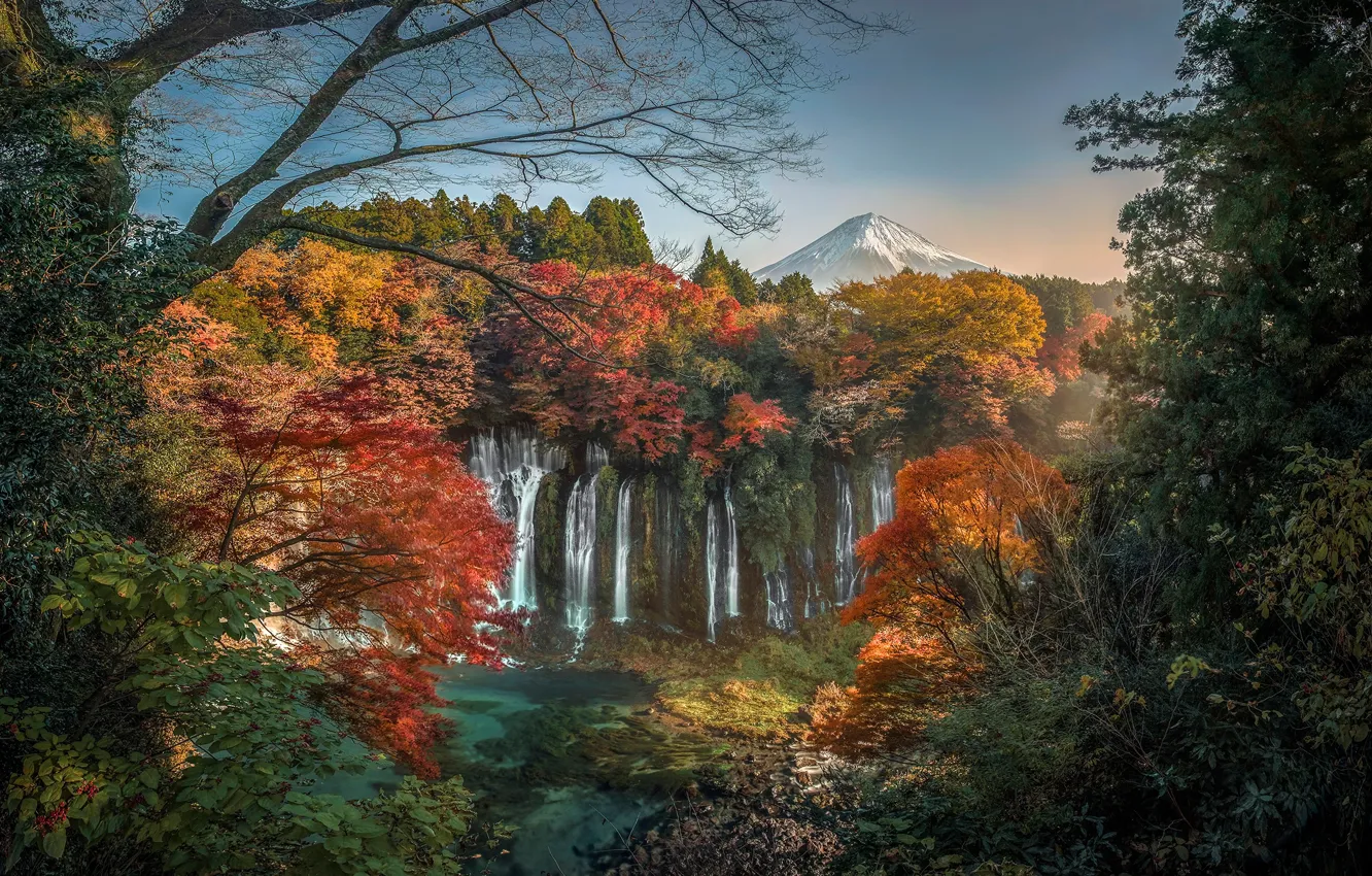 Фото обои осень, лес, деревья, гора, водопад, вулкан, Япония, Japan