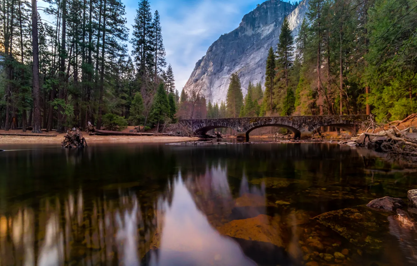 Фото обои деревья, пейзаж, горы, мост, природа, отражение, река, США