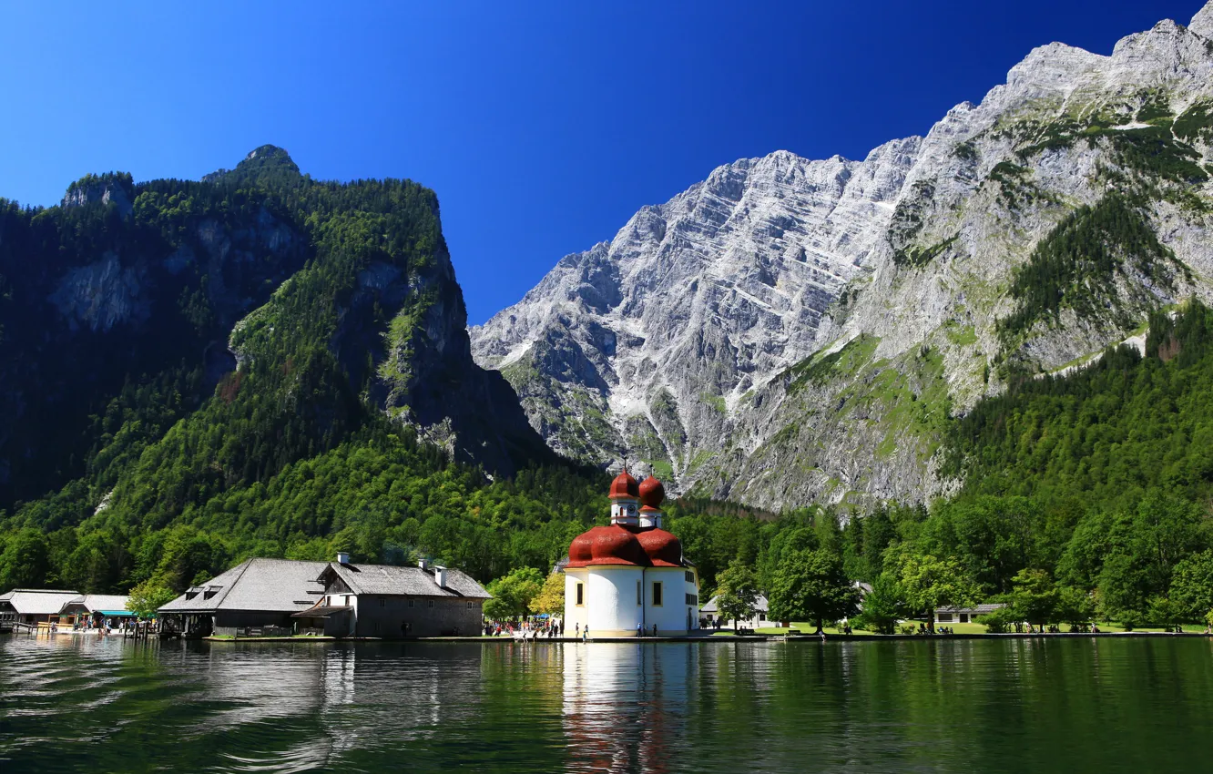 Фото обои Германия, Бавария, церковь, Germany, Bavaria, Bavarian Alps, Баварские Альпы, Königssee lake