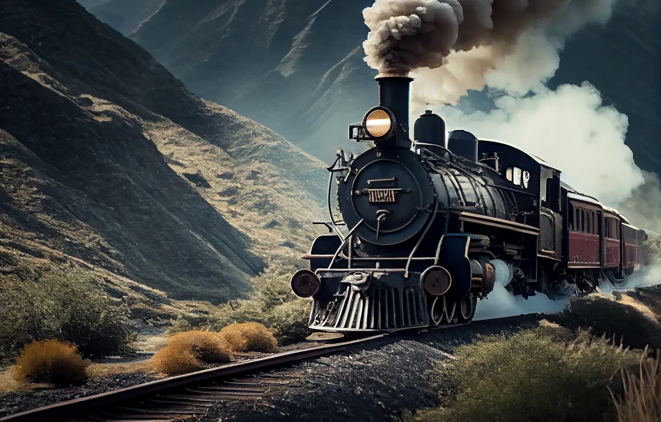 Фото обои forest, steam, mountain, train, through, chugs