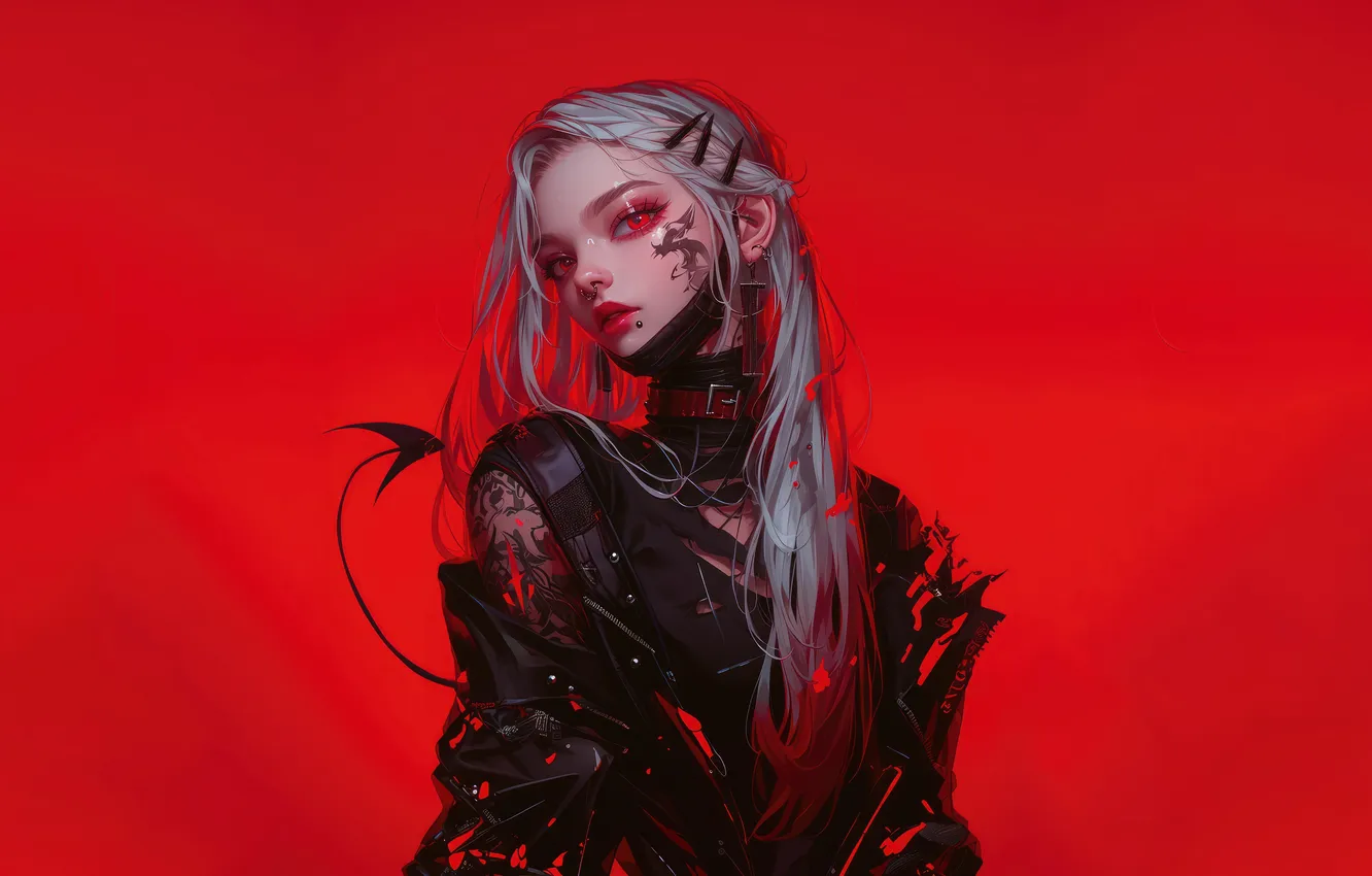 Фото обои Girl, Art, Devil, Anime, Tattoo, Demon, White Hair, Red Background