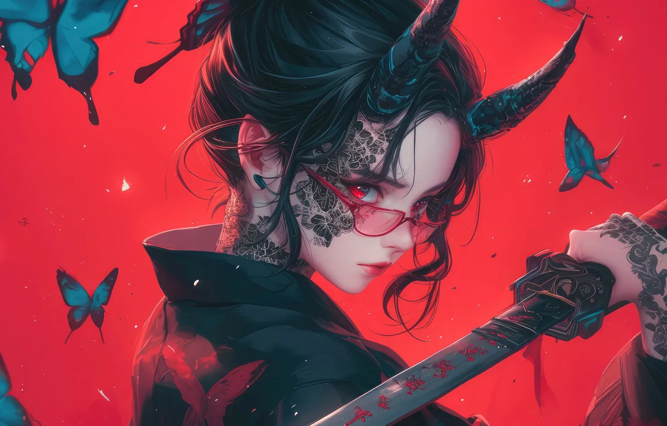 Фото обои Devil, Katana, Demon, Horn, Anime Girl, AI Generated