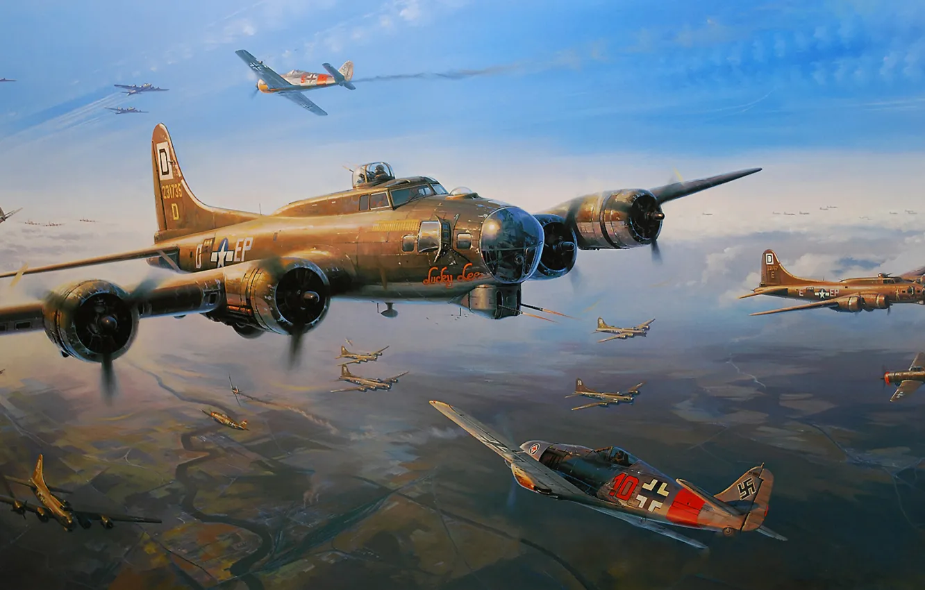 Фото обои aircraft, war, airplane, aviation, flying fortress, dogfight, fw 190, b-17