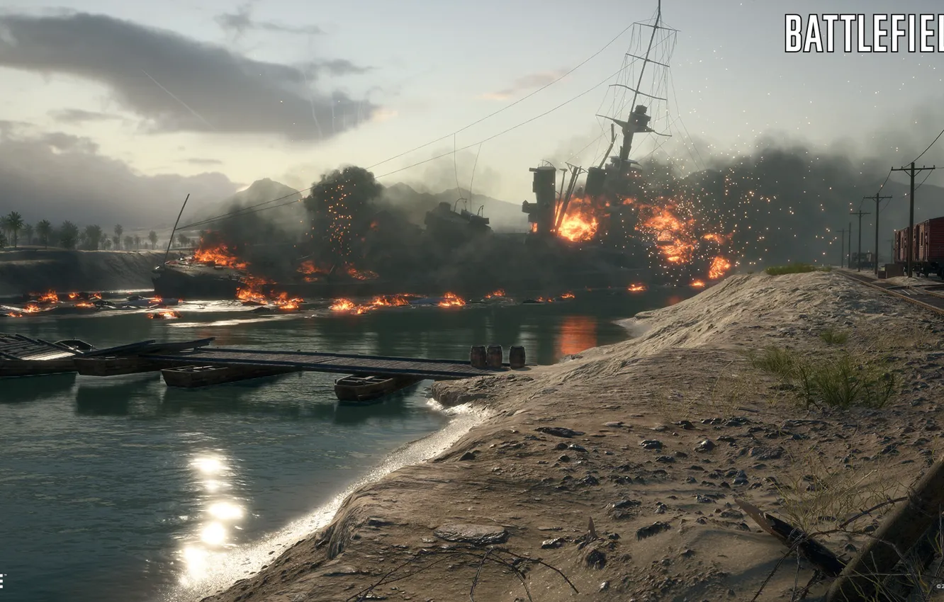 Фото обои огонь, корабль, канал, Battlefield 1, Suez