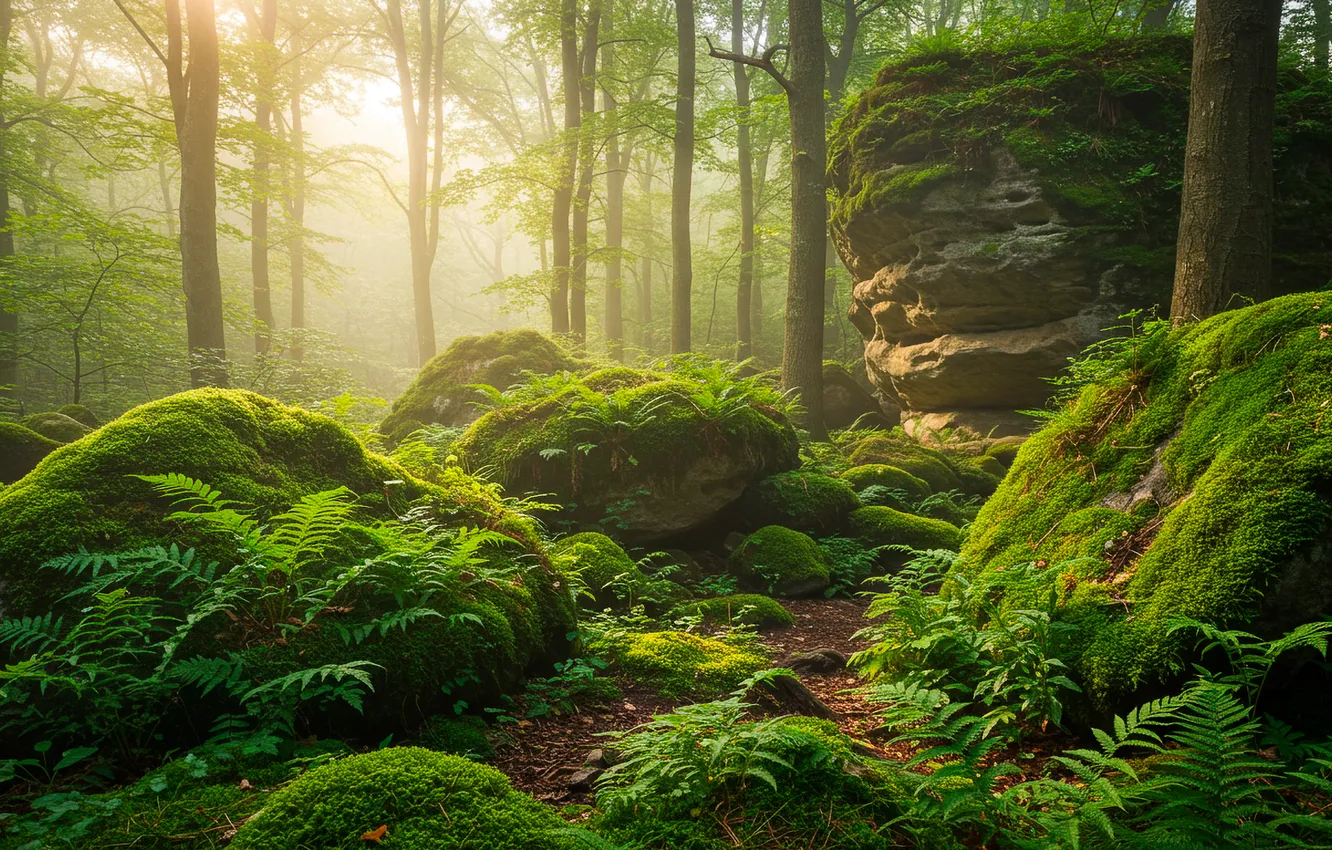 Фото обои лес, солнце, деревья, камни, мох, forest, папоротник, trees