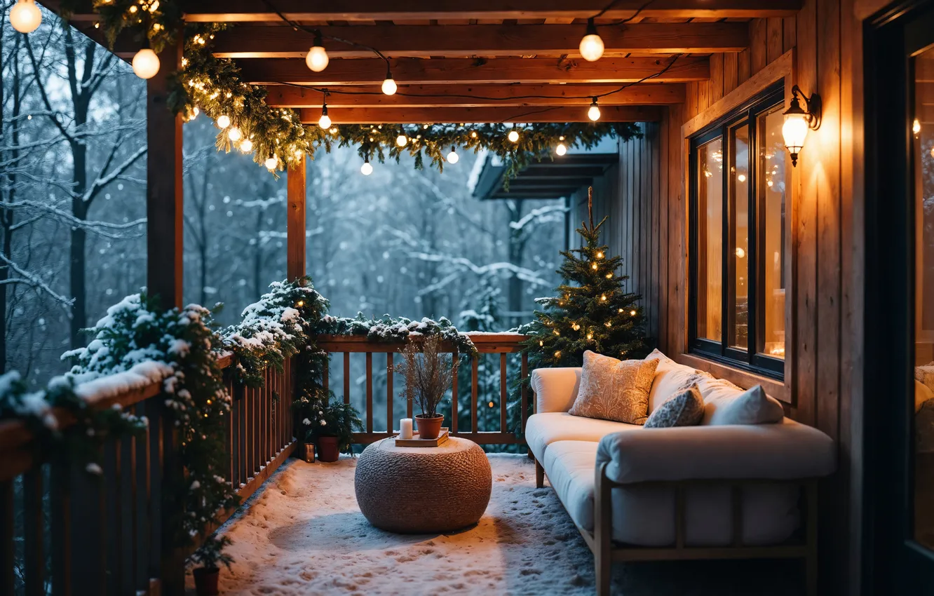 Фото обои зима, снег, украшения, елка, Рождество, Новый год, christmas, веранда