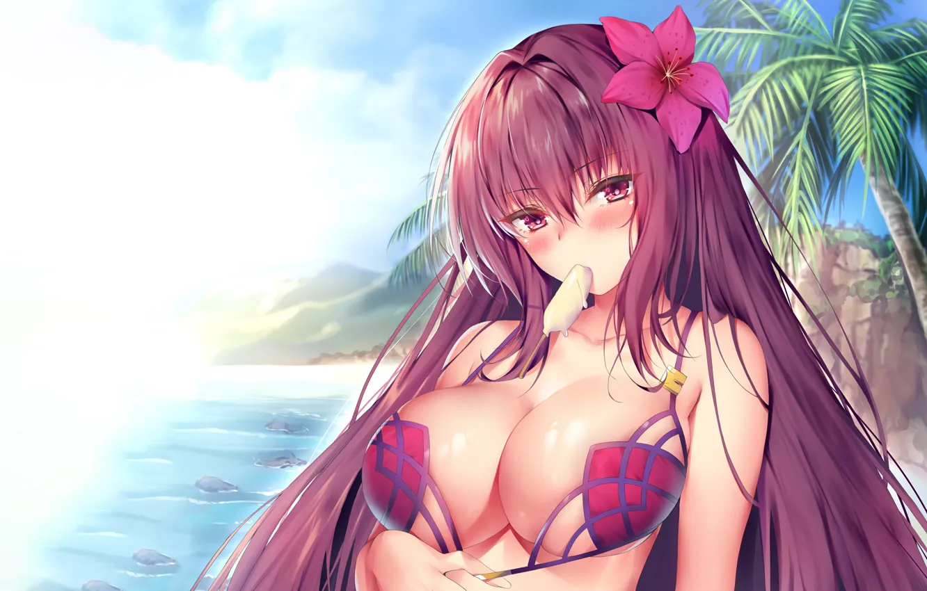 Фото обои girl, sexy, cleavage, beach, long hair, sea, boobs, anime