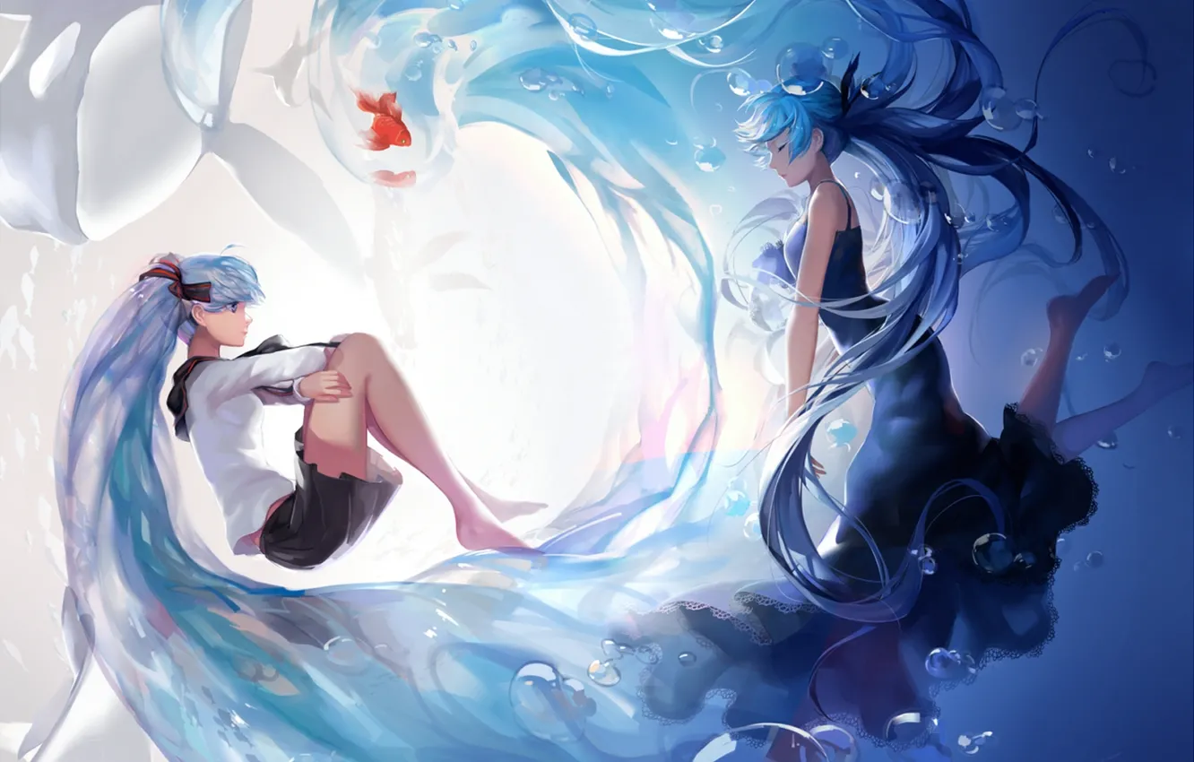 Фото обои рыбки, пузыри, девушки, аниме, арт, vocaloid, hatsune miku, deep-sea girl