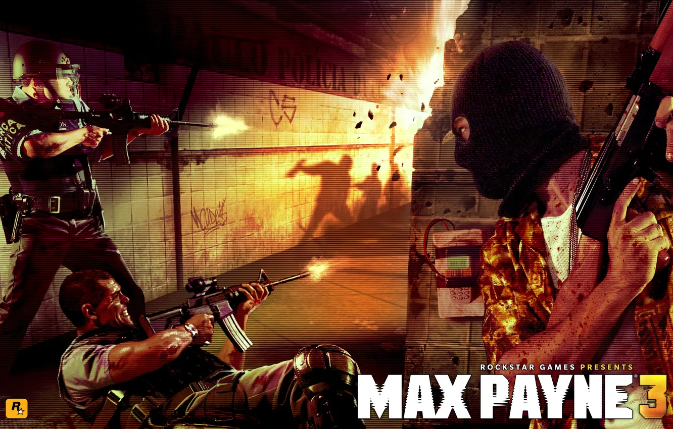 Фото обои оружие, метро, полиция, солдат, автомат, Max Payne 3