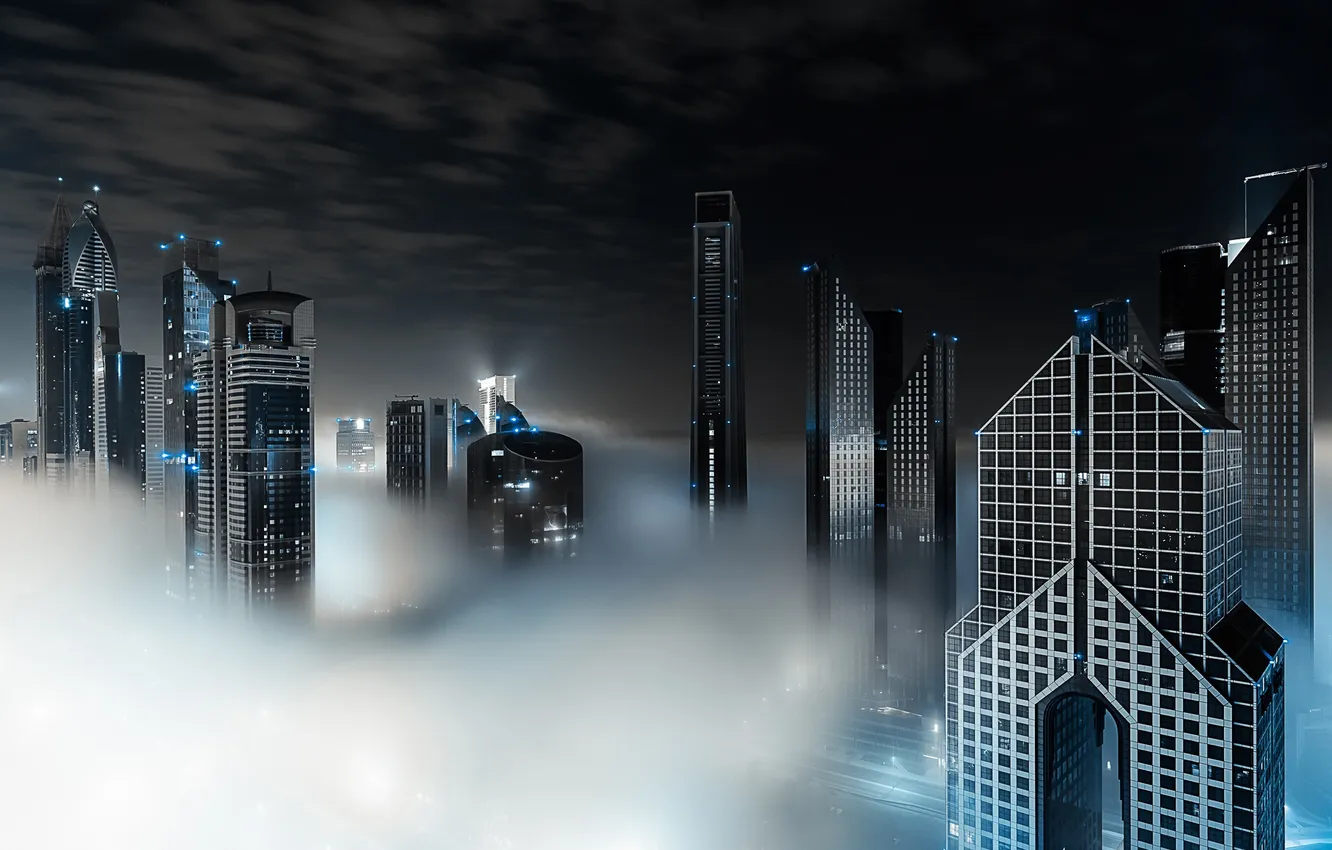 Фото обои облака, ночь, город, туман, Дубай, Dubai, ОАЭ