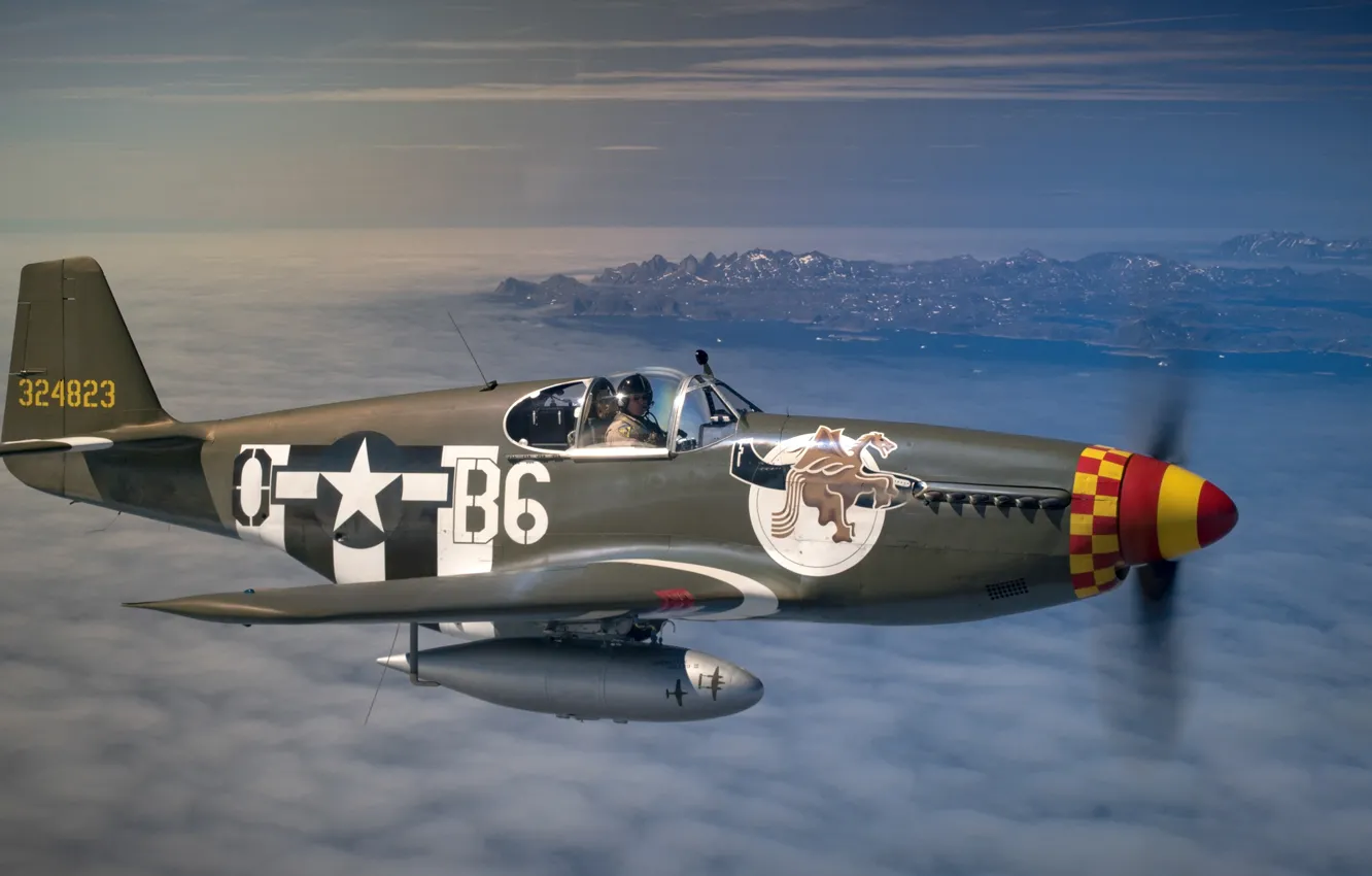 Фото обои Mustang, Горы, Истребитель, USAF, Вторая Мировая Война, North American P-51 Mustang, P-51B Mustang