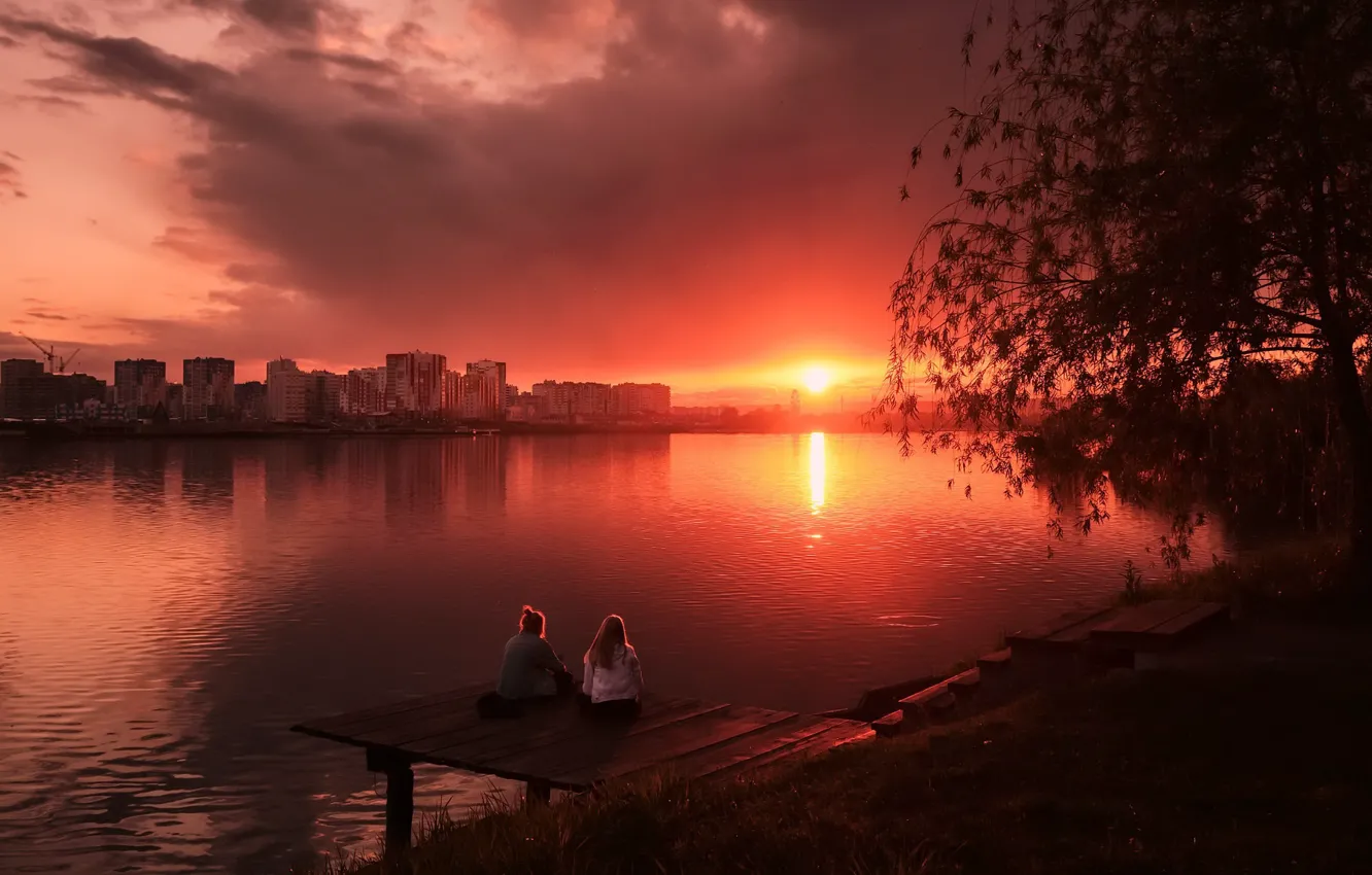 Фото обои закат, город, река