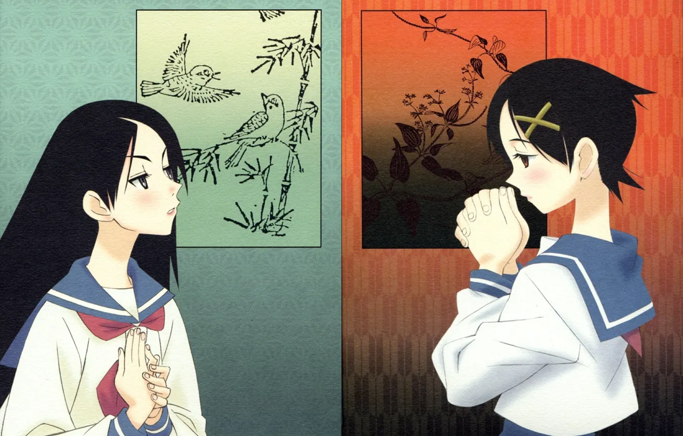 Фото обои узор, рисунок, две, руки, школьницы, матроска, Sayonara Zetsubou Sensei, Chiki Kitsu