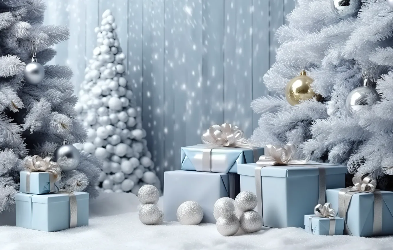 Фото обои зима, снег, шары, елка, Новый Год, Рождество, подарки, golden