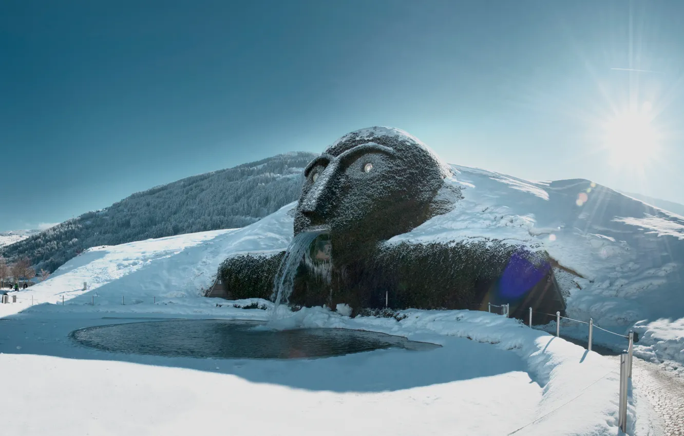 Фото обои Зима, Снег, Winter, Тироль, Tyrol, Swarovski Crystal Worlds, Изваяние, Хрустальные миры Сваровски