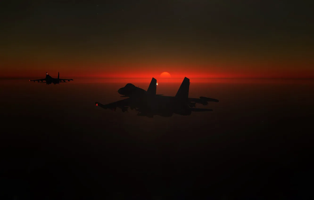 Фото обои Закат, Солнце, Небо, Игра, Самолет, истребитель, Россия, ВВС
