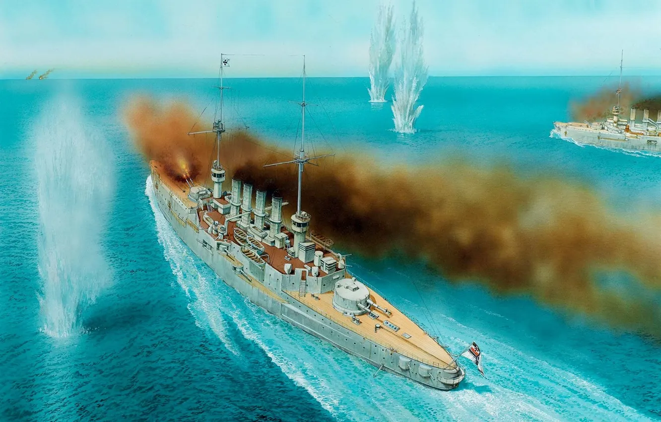 Фото обои дым, рисунок, арт, выстрелы, немецкие, разрывы, морское сражение, WW1