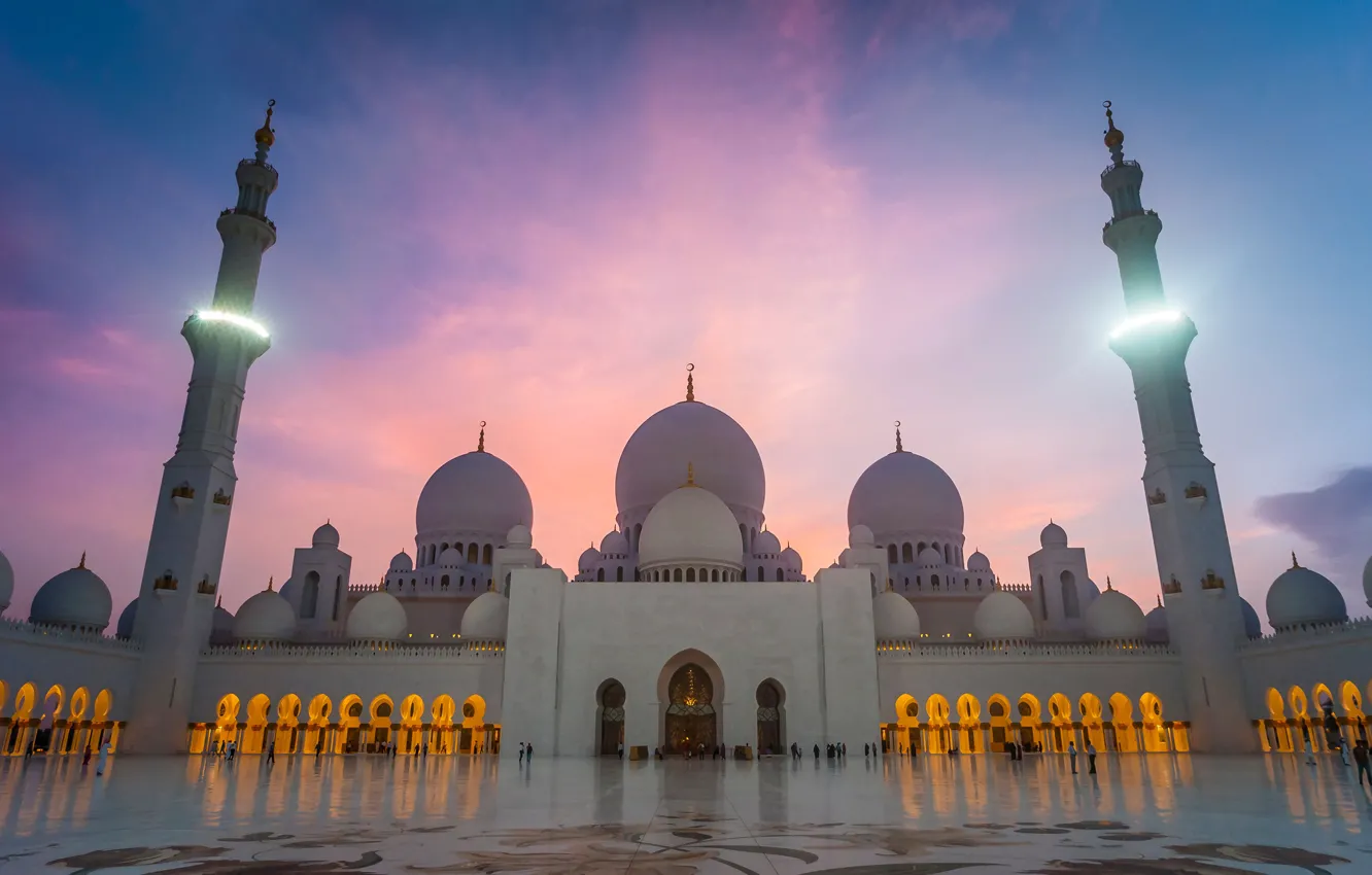 Фото обои небо, свет, площадь, мечеть, Grand mosque, abu dhabi, Абу-Даби, минарет
