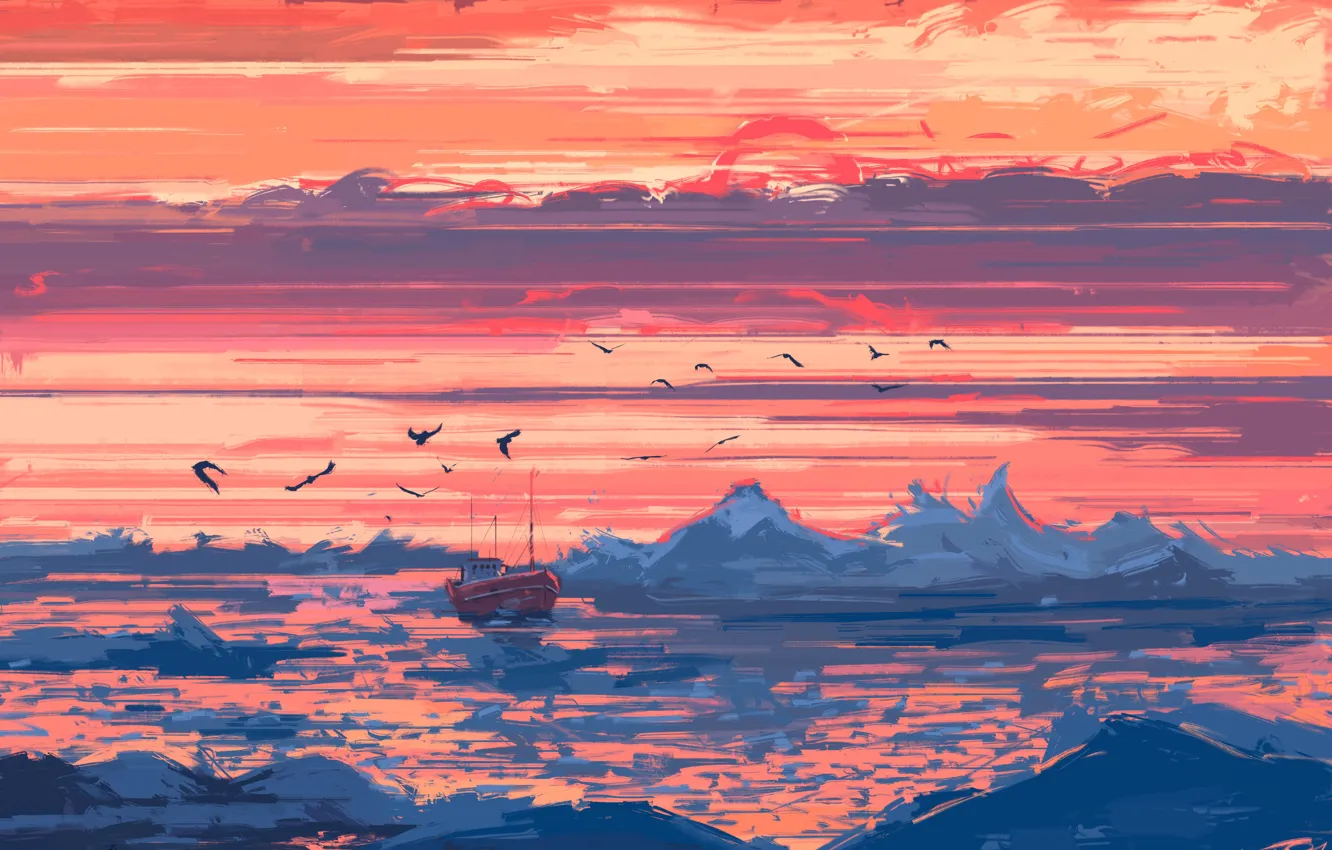 Фото обои лед, море, небо, закат, птицы, корабль