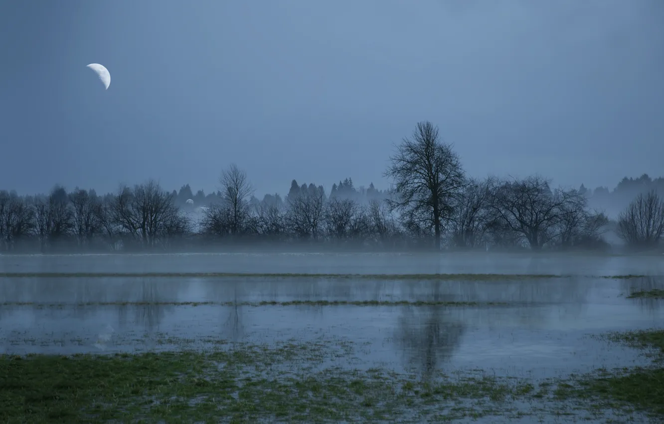 Фото обои ночь, река, луна