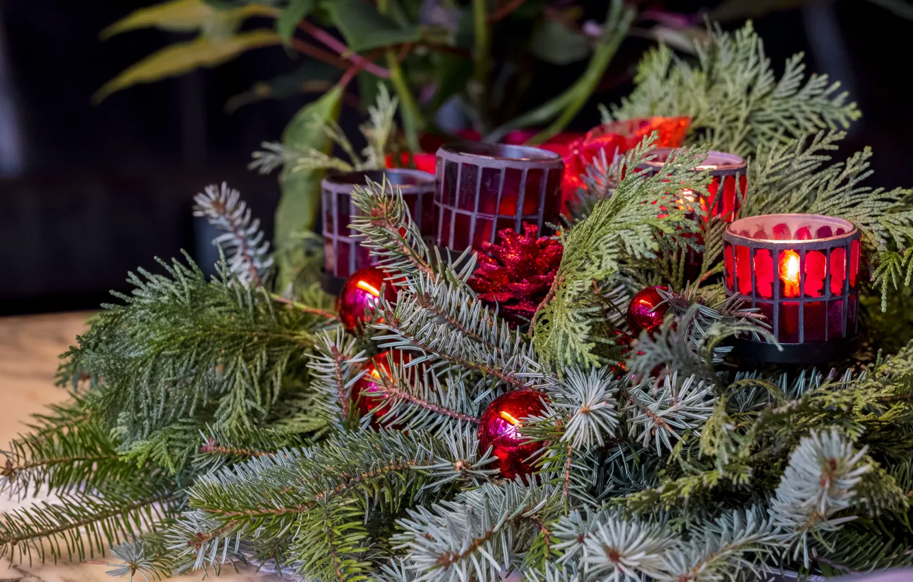 Фото обои украшения, свечи, композиция, новогодний венок, с рождеством, ветки ели