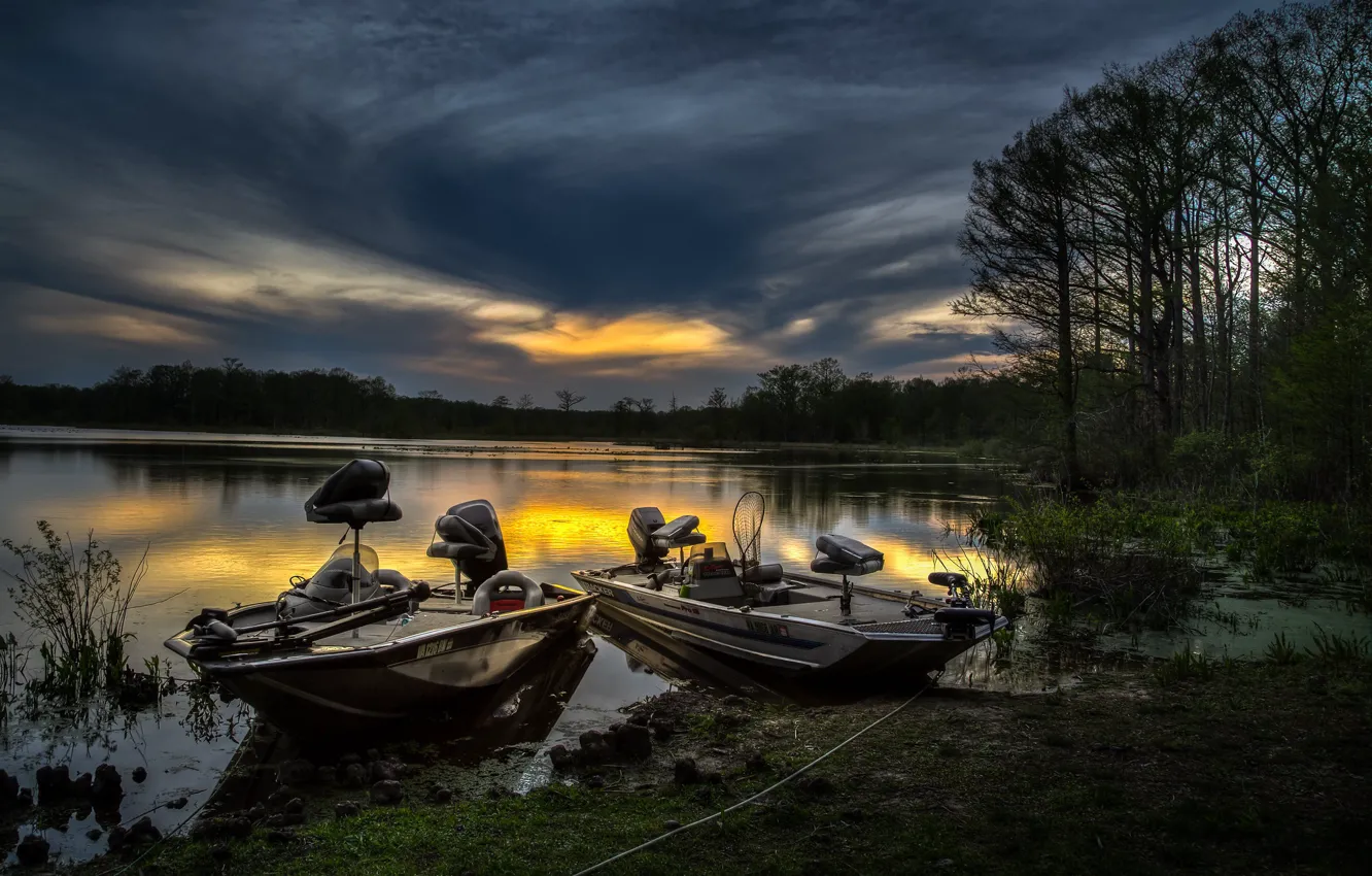 Фото обои закат, озеро, лодки
