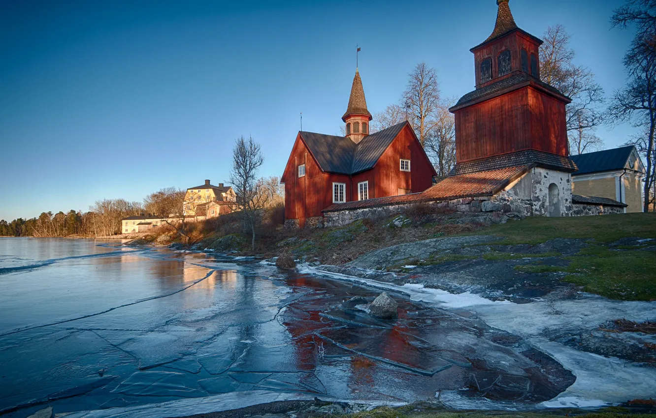Фото обои зима, пейзаж, природа, озеро, лёд, деревня, церковь