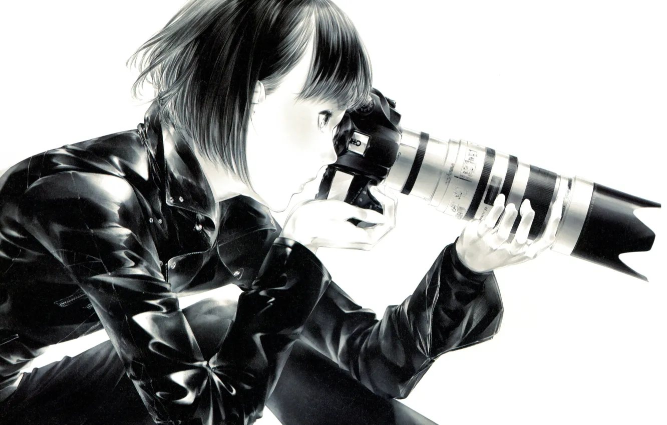 Фото обои стрижка, черно-белая, руки, фотоаппарат, латекс, объектив, кожаная куртка, в профиль