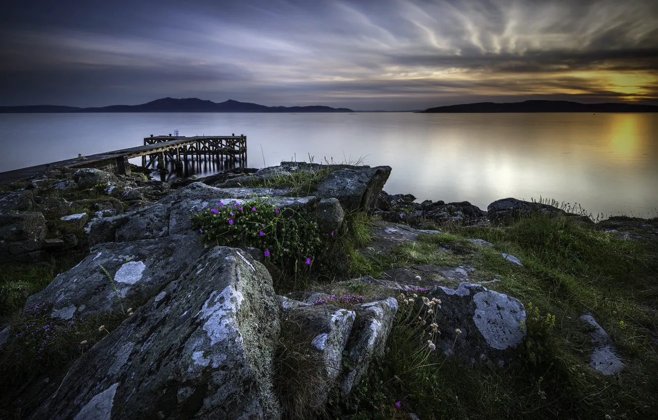 Фото обои спокойствие, тишина, вечер, Шотландия, пирс, Соединенное королевство, побережье Эршира