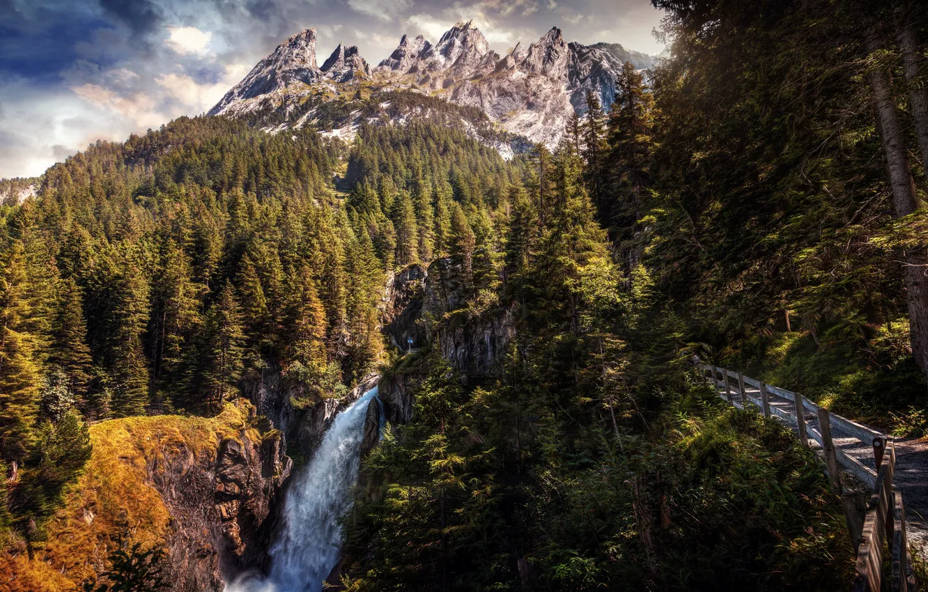 Фото обои лес, горы, водопад, тропа, Швейцария, Switzerland, Schattenhalb, Rosenlaui Glacier Canyon
