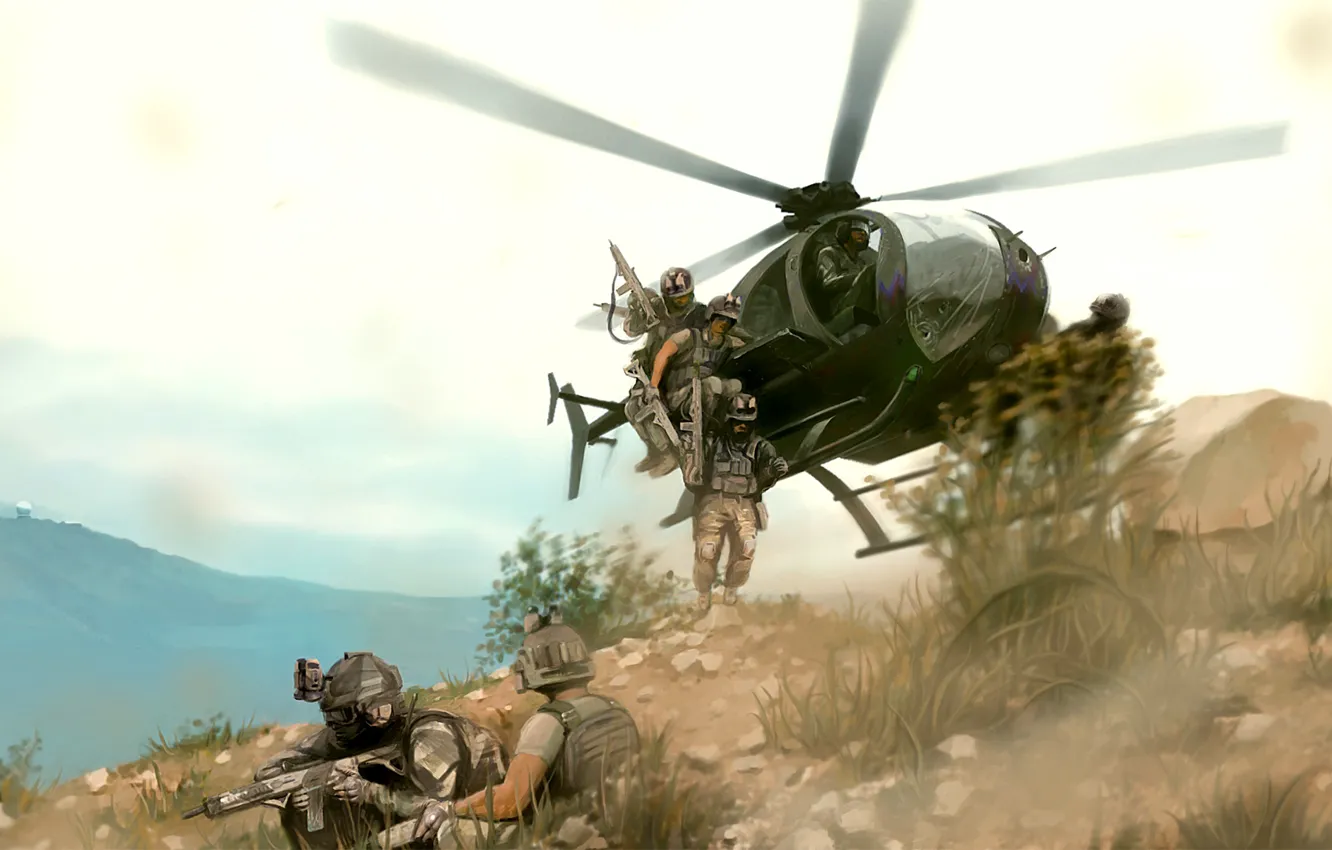Фото обои война, арт, вертолет, штурм, операция, бойцы, высадка, Arma 3