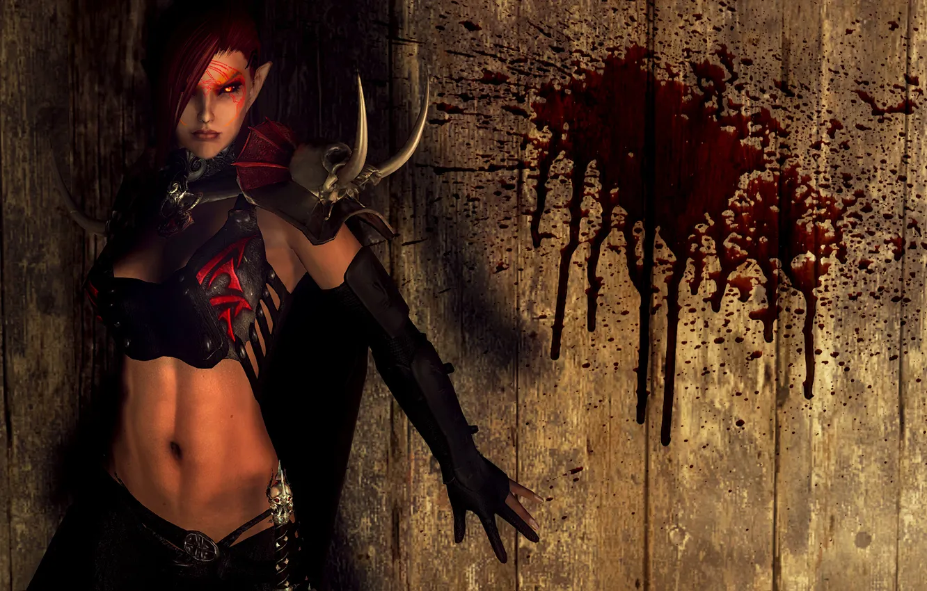 Фото обои девушка, стена, кровь, вампир, Skyrim