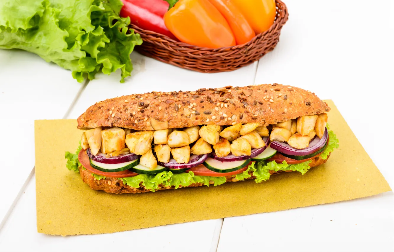 Фото обои еда, огурец, лук, хлеб, мясо, бутерброд, помидор