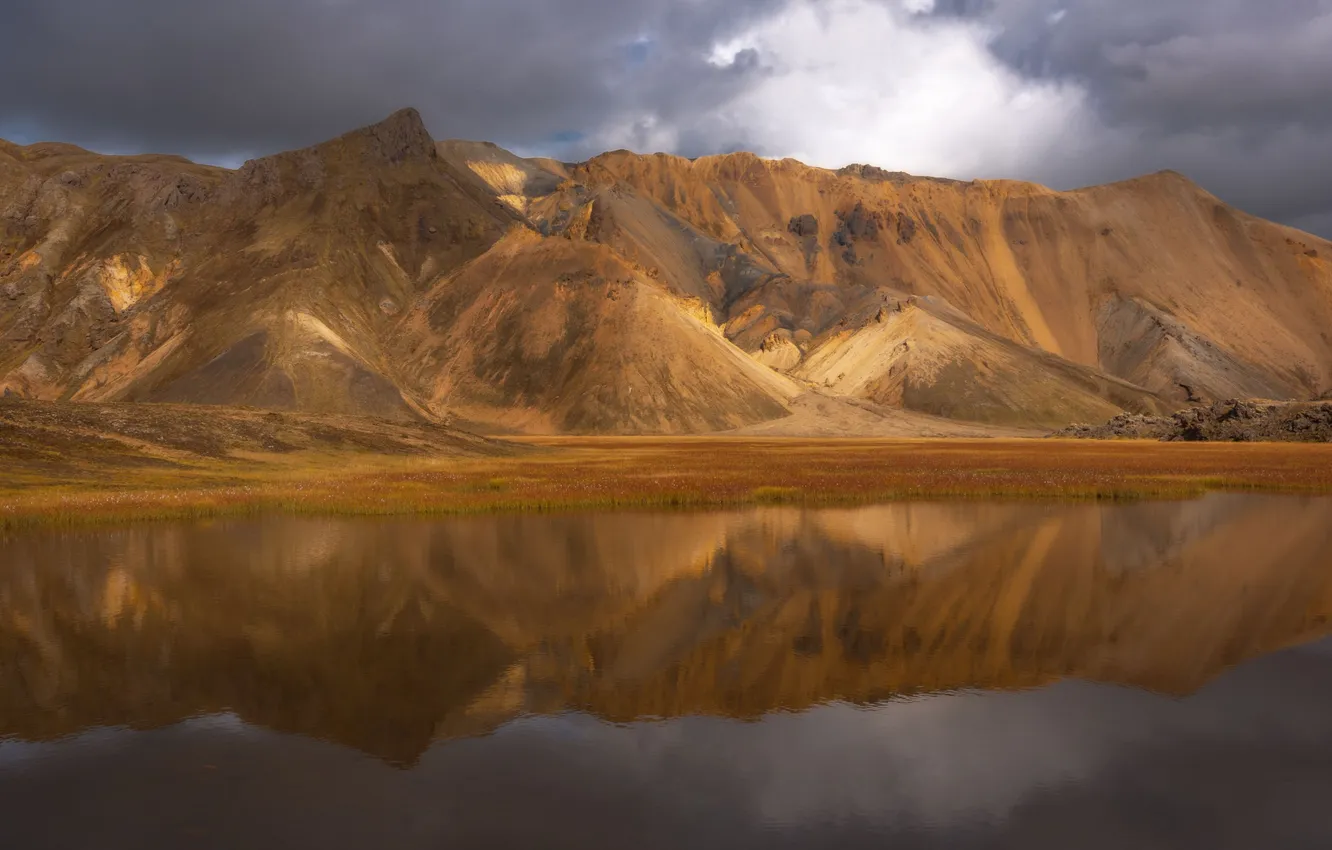 Фото обои облака, Исландия, водоём, отражение в воде, красивый пейзаж, Patrick, Orange mountains, Оранжевые горы