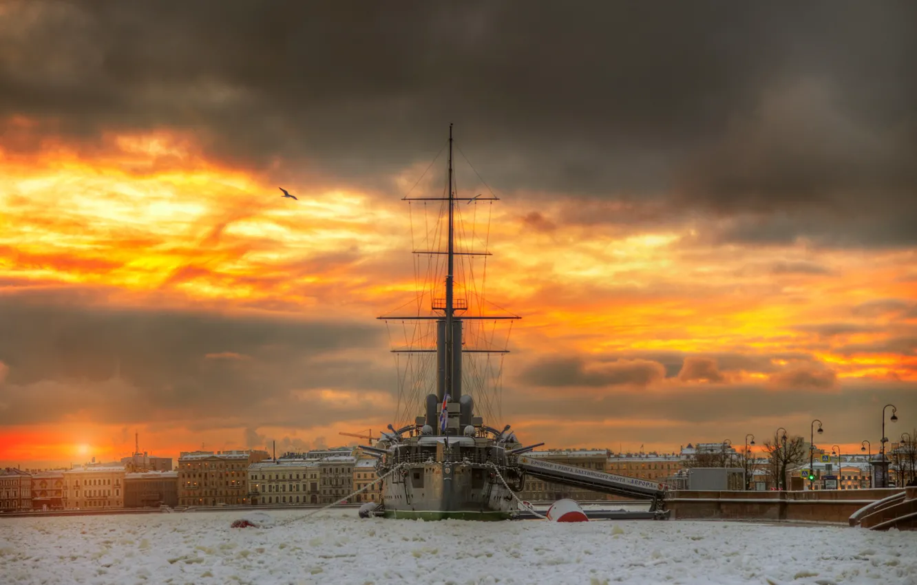 Фото обои Питер, Аврора, Россия, Санкт-петербург, крейсер, Нева, Декабрь