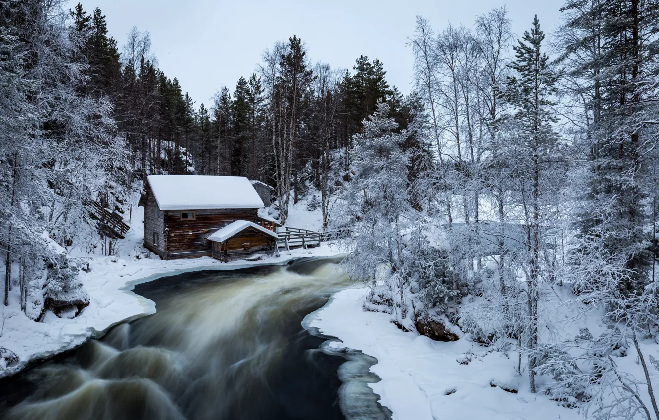 Фото обои зима, дом, река